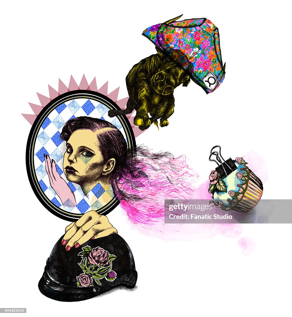 Illustrative image of woman with cup cake and helmet representing Taurus sign