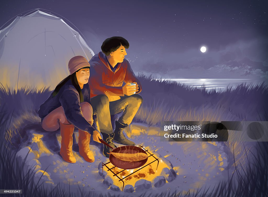 Illustrative image of couple barbecuing while camping at night