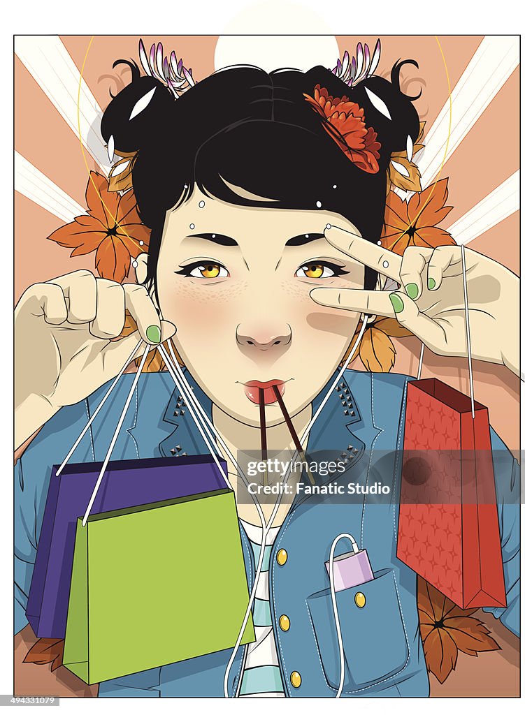 Illustration of beautiful young woman with shopping bags