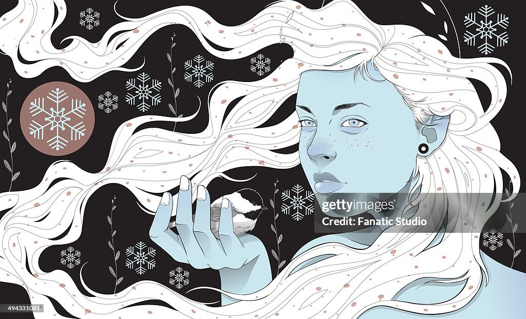 Illustrative image of beautiful young woman holding Chickadee in snow