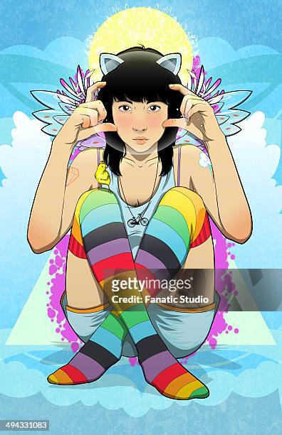 illustration of teenage girl making finger frame outdoors - cosplay stock illustrations