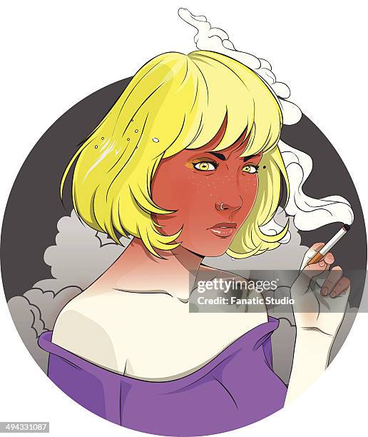 ilustraciones, imágenes clip art, dibujos animados e iconos de stock de illustrative image of angry young woman smoking over white background - beautiful women smoking cigars