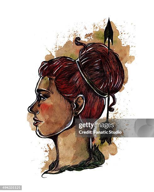 ilustrações, clipart, desenhos animados e ícones de illustration of young woman with bow and arrow over head representing sagittarius star sign - arrow bow and arrow