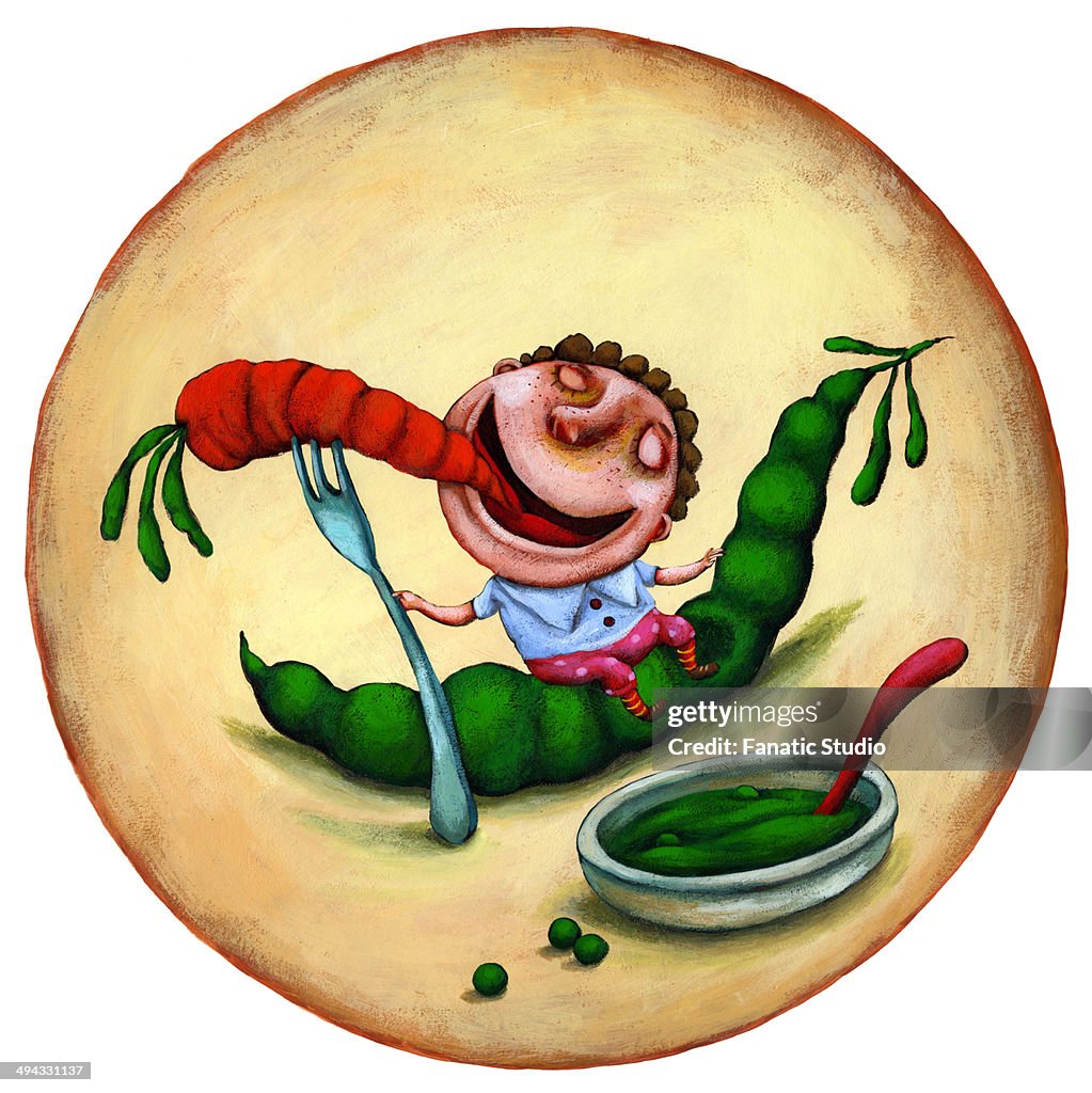 Illustration of happy boy eating carrot and peas representing healthy lifestyle