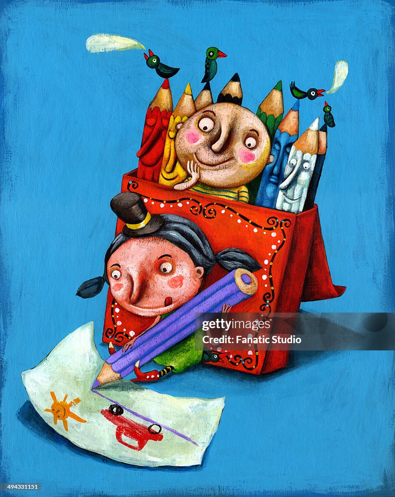 Illustration of children drawing with pencil colors over blue background