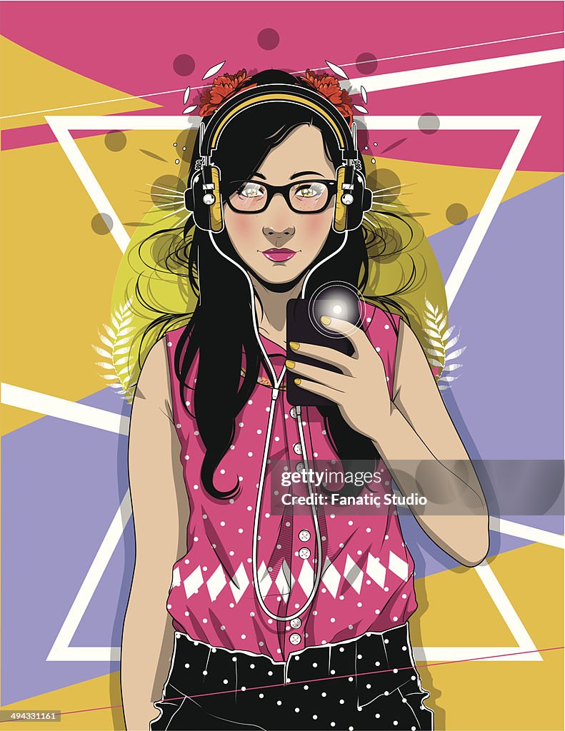 Portrait of confident female hipster taking selfie over colored background
