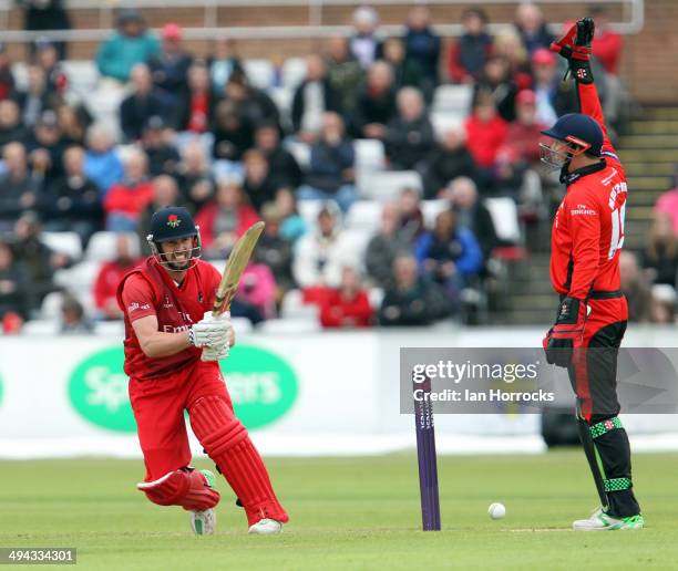 Paul Horton of Lancashire Lightning is out lbw as Phil Mustard of Durham appeals during The Natwest T20 Blast match between Durham Jets and...