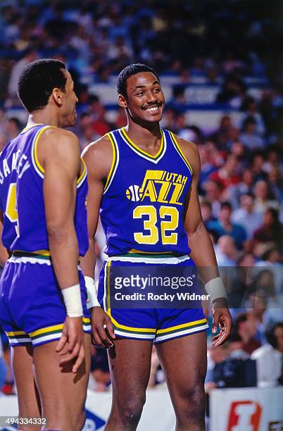 Karl Malone of the Utah Jazz smiles against the Sacramento Kings circa 1986 at Arco Arena in Sacramento, California. NOTE TO USER: User expressly...