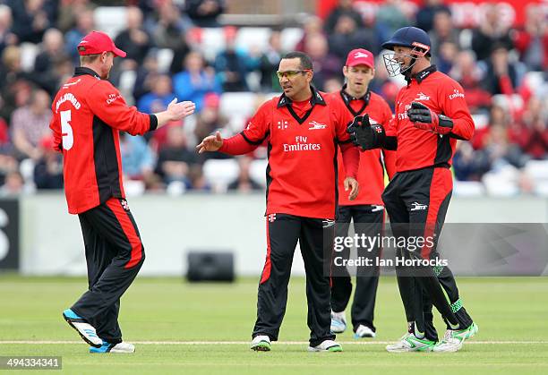 Gareth Breese of Durham celebrates capturing Paul Horton of Lancashir Lightning lbw during The Natwest T20 Blast match between Durham Jets and...