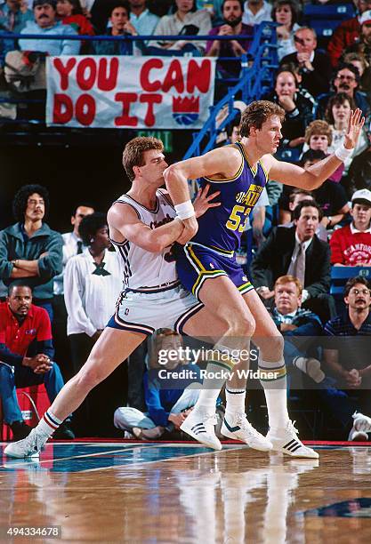 Mark Eaton of the Utah Jazz posts up against the Sacramento Kings circa 1987 at Arco Arena in Sacramento, California. NOTE TO USER: User expressly...