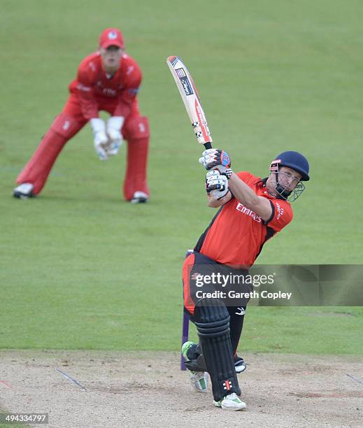 Phil Mustard of Durham bats during the Natwest T20 Blast match between Durham Jets and Lancashire Lighting at The Riverside on May 29, 2014 in...