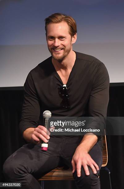 Actor Alexander Skarsgard speaks on stage during Q&A for "The Diary of a Teenage Girl" at SCAD Museum of Arts during Day Three of the18th Annual...