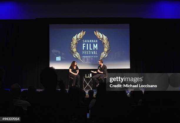 Actor Alexander Skarsgard speaks on stage during Q&A for "The Diary of a Teenage Girl" at SCAD Museum of Arts during Day Three of the18th Annual...