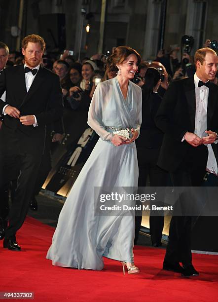 Prince Harry, Catherine, Duchess of Cambridge and Prince William, Duke of Cambridge, attend the Royal World Premiere of "Spectre" at Royal Albert...