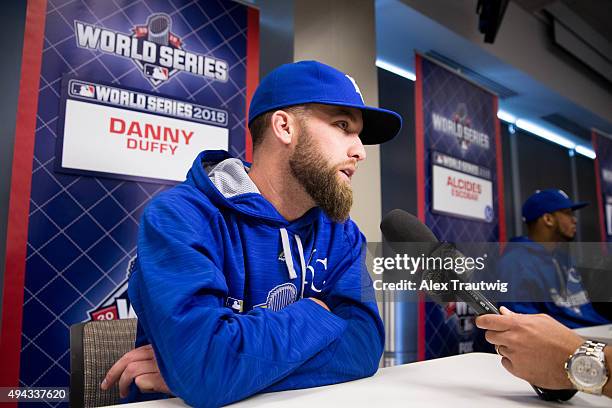 Danny Duffy of the Kansas City Royals speaks to the media during the 2015 World Series Media Availability Day at Kauffman Stadium on Monday, October...