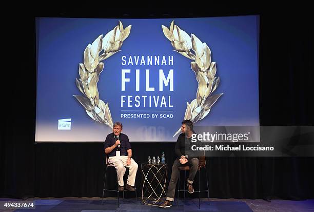 Director Evgeny Afineevksy speaks on stage with SCAD Professor Kevin McCarey during Q&A for "Winter on Fire" at SCAD Museum of Arts during Day Three...