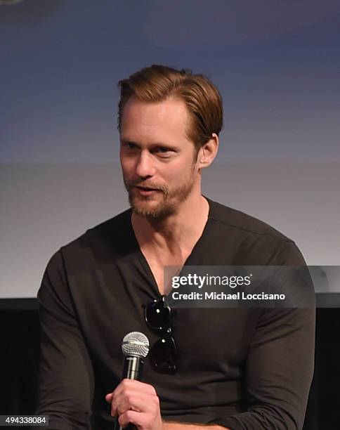 Actor Alexander Skarsgard speaks on stage during Q&A for "The Diary of a Teenage Girl" at SCAD Museum of Arts during Day Three of the18th Annual...