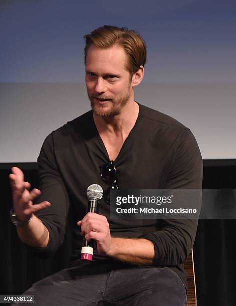 Actor Alexander Skarsgard speaks on stage during Q&A for "The Diary of a Teenage Girl" at SCAD Museum of Arts during Day Three of the18th Annual...