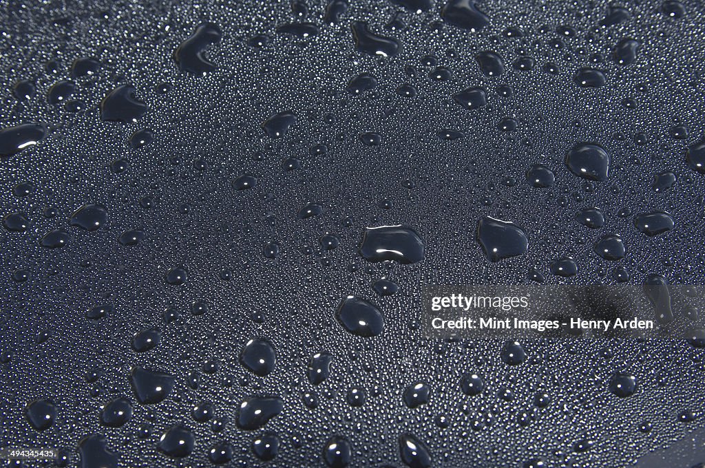 Water droplets on a car windscreen.