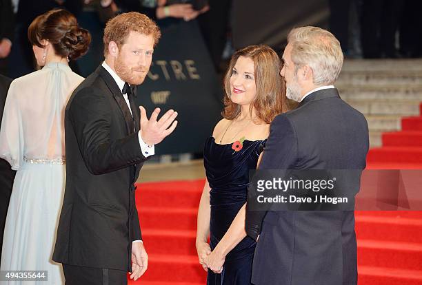 Prince Harry, Barbara Broccoli and Director Sam Mendes attend the Royal World Premiere of 'Spectre' at Royal Albert Hall on October 26, 2015 in...