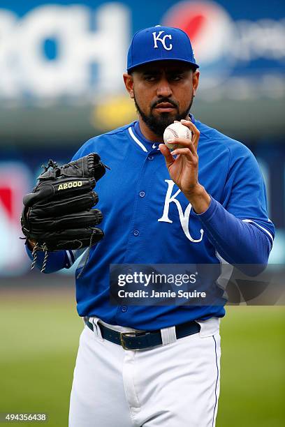 Franklin Morales of the Kansas City Royals looks on during a workout the day before Game 1 of the 2015 World Series between the Royals and New York...