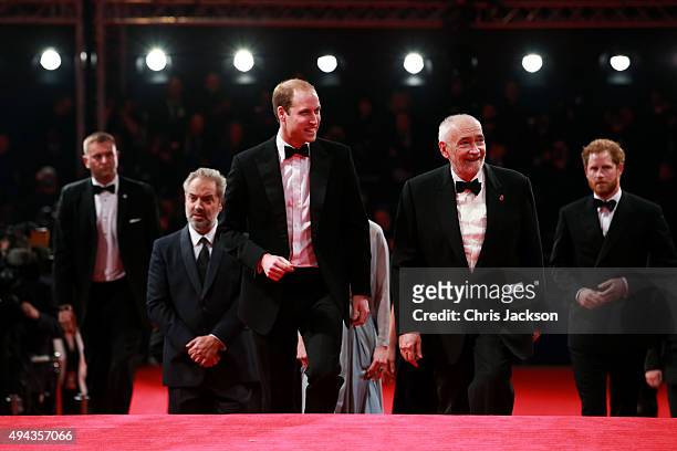 Director Sam Mendes, Prince William, Duke of Cambridge, producer Michael G. Wilson and Prince Harry attend The Cinema and Television Benevolent...