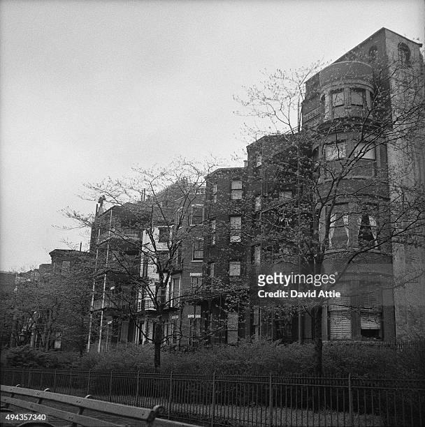 View of apartment buildings in Brooklyn Heights in March 1958 in New York City, New York.