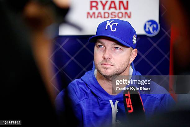 Ryan Madson of the Kansas City Royals addresses the media the day before Game 1 of the 2015 World Series between the Royals and New York Mets at...