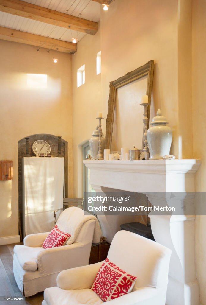 Fireplace with mantel in luxury living room