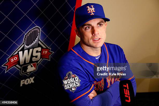 David Wright of the New York Mets addresses the media the day before Game 1 of the 2015 World Series between the Kansas City Royals and Mets at...