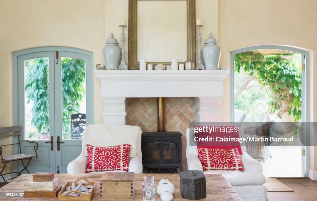 Luxury living room with wood stove