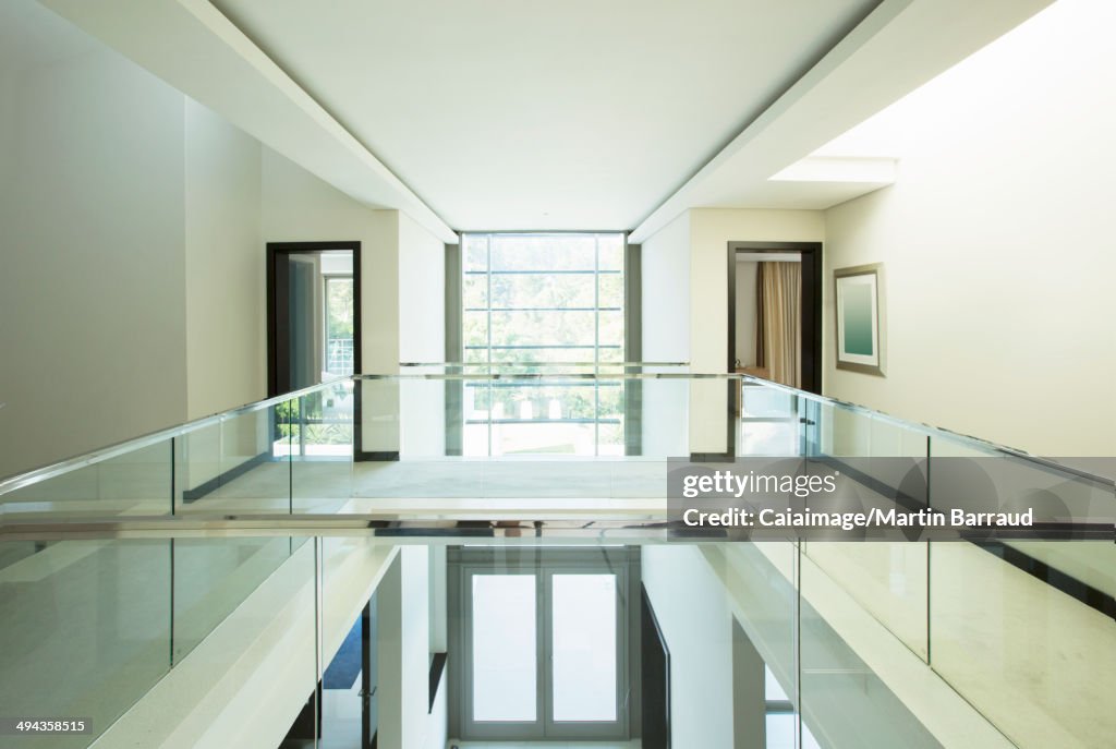 Modern balcony and open foyer in luxury home