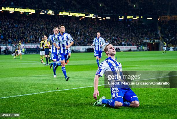 Gustav Engvall of Goteborg celebrates his first goal during the Allsvenskan match between AIK and IFK Goteborg at Friends arena on October 26, 2015...