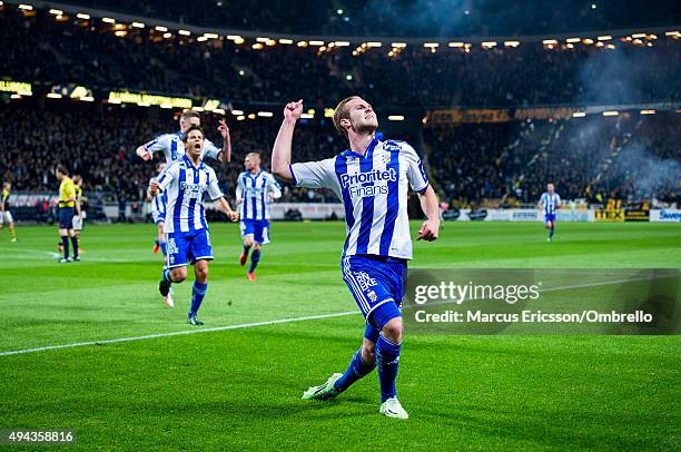 Gustav Engvall of Goteborg celebrates his first goal during the Allsvenskan match between AIK and IFK Goteborg at Friends arena on October 26, 2015...