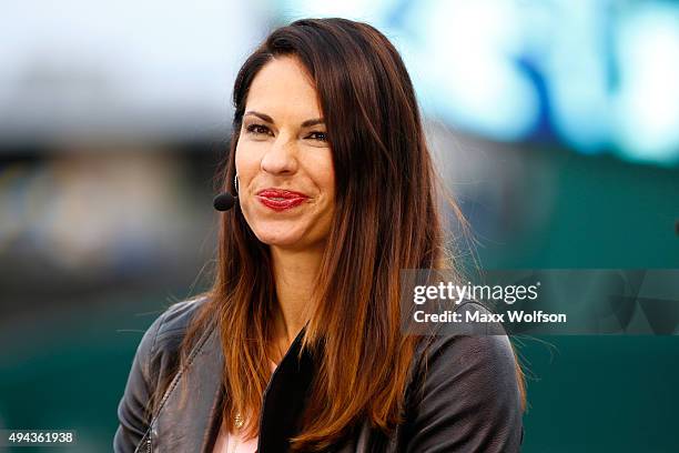 Jessica Mendoza of ESPN speaks on set the day before Game 1 of the 2015 World Series between the Royals and Mets at Kauffman Stadium on October 26,...