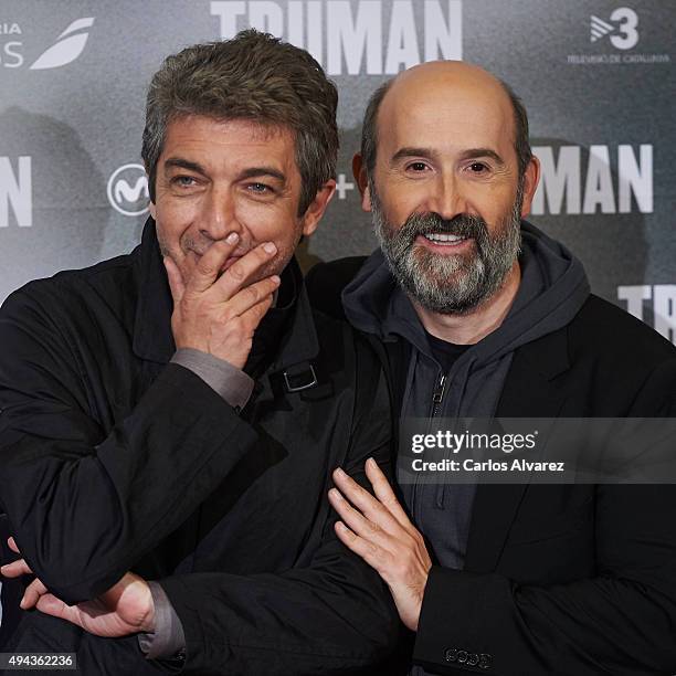 Actor Ricardo Darin and Spanish actor Javier Camara attend the "Truman" premiere at the Palafox cinema on October 26, 2015 in Madrid, Spain.