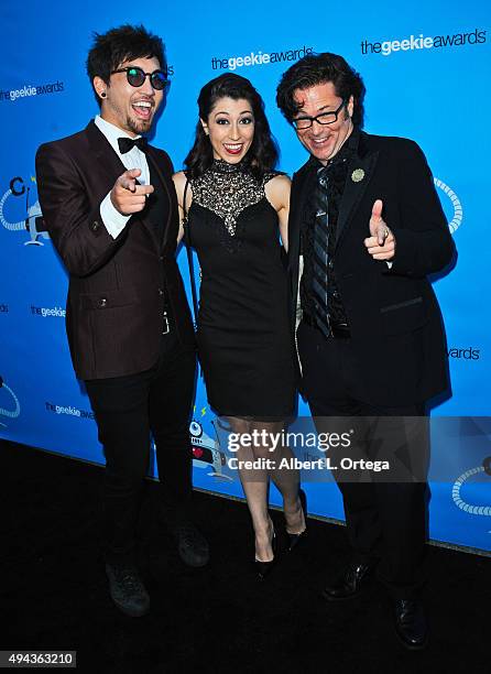 Mika Diva, Alyssa Onofreo and Trip Hope arrive for the 3rd Annual Geekie Awards held at Club Nokia on October 15, 2015 in Los Angeles, California.