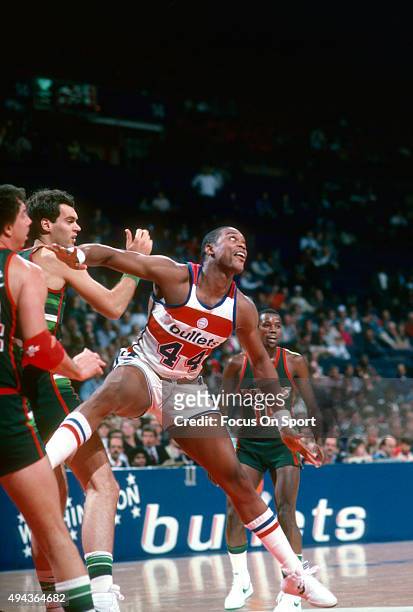 Rick Mahorn of the Washington Bullets battles for position against the Milwaukee Bucks during an NBA basketball game circa 1984 at the Capital Centre...