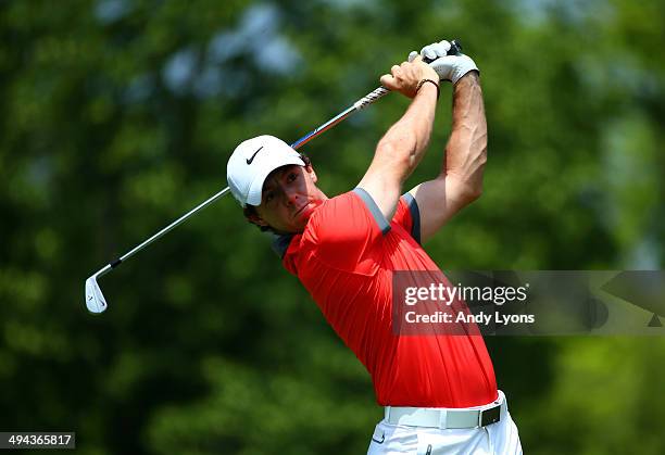 Rory McIlroy of Northern Irelan hits a tee shot on the third hole during the first round of the Memorial Tournament presented by Nationwide Insurance...