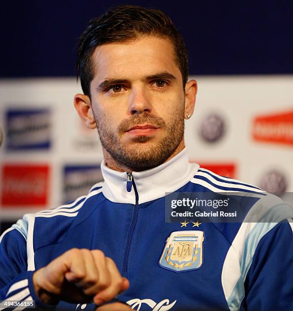 Fernando Gago of Argentina looks on during a press conference at Ezeiza Training Camp on May 28, 2014 in Ezeiza, Argentina.