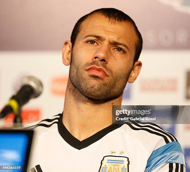 Javier Mascherano of Argentina looks on during a press conference at Ezeiza Training Camp on May 28, 2014 in Ezeiza, Argentina.
