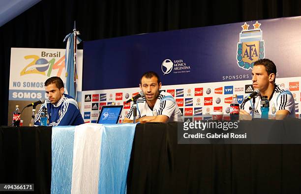 Javier Mascherano speaks during a press conference joined by Fernando Gago and Maximiliano Rodriguez at Ezeiza Training Camp on May 28, 2014 in...