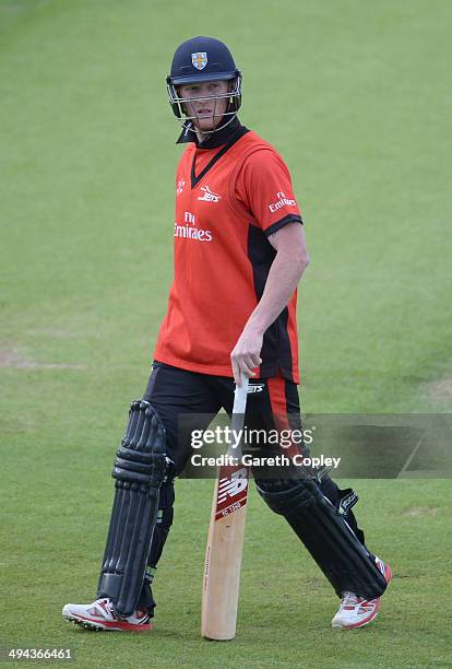 Ben Stokes of Durham leaves the field after being dismissed Aaron Lilley of Lancashire during the Natwest T20 Blast match between Durham Jets and...