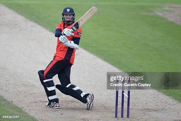 Gordon Muchall of Durham is bowled by Junaid Khan of Lancashire during the Natwest T20 Blast match between Durham Jets and Lancashire Lighting at The...