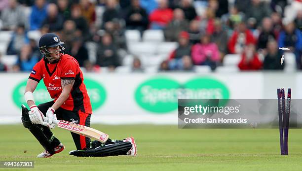 Ben Stokes of Durham Jetsis bowled out for1 during The Natwest T20 Blast match between Durham Jets and Lancashire Lightning at The Emirates Durham...