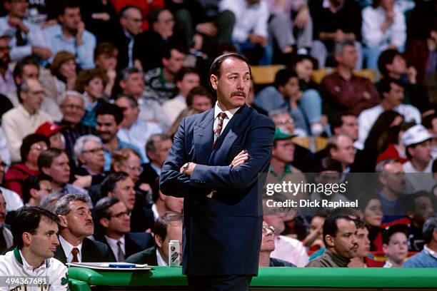 Head coach Chris Ford of the Boston Celtics coaches during a game played in 1992 at the Boston Garden in Boston, Massachusetts. NOTE TO USER: User...