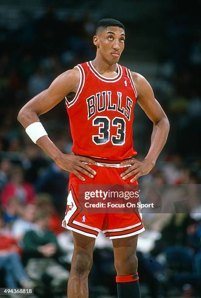 Scottie Pippen of the Chicago Bulls looks on against the Milwaukee Bucks during an NBA basketball game circa 1990 at the Bradley Center in Milwaukee,...
