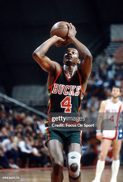 Sidney Moncrief of the Milwaukee Bucks shoots a free throw against the New Jersey Nets during an NBA basketball game circa 1979 at the Rutgers...