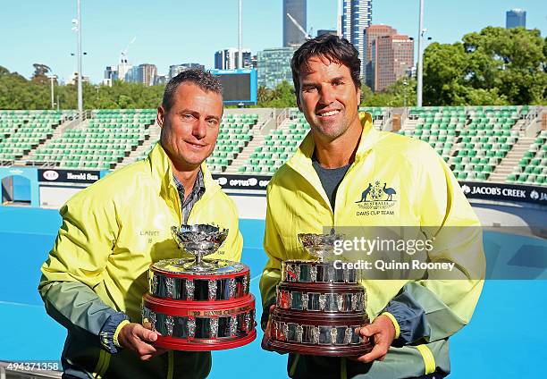 Lleyton Hewitt and Pat Rafter pose during a Tennis Australia media opportunity at Melbourne Park at Melbourne Park on October 27, 2015 in Melbourne,...