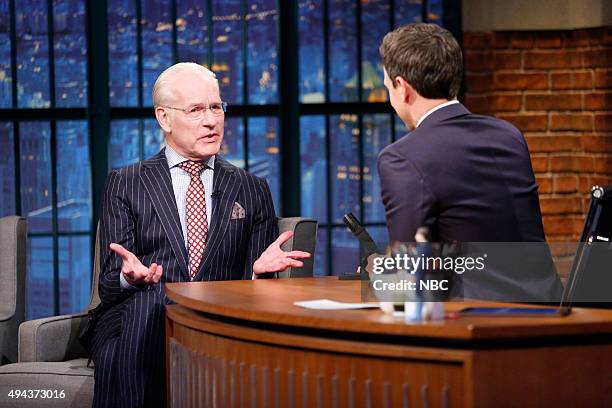 Episode 277 -- Pictured: Project Runways Tim Gunn during an interview with host Seth Meyers on October 26, 2015 --